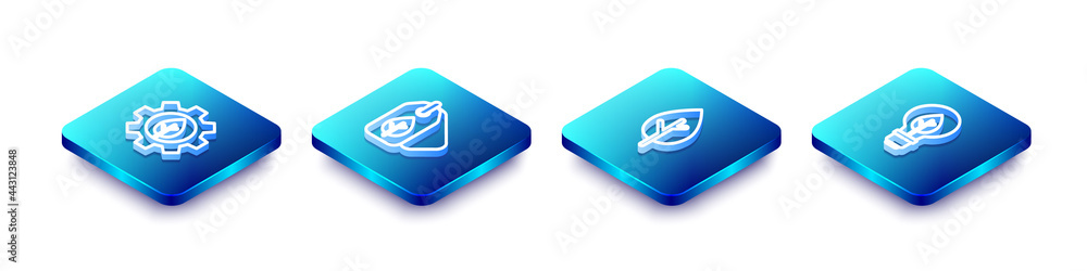 Set Isometric line Leaf plant in gear machine, Tag with leaf, Tree and Light bulb icon. Vector Set Isometric line Leaf plant in gear machine, Tag with leaf, Tree and Light bulb icon. Vector