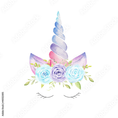 Obraz na płótnie Unicorn head with ears, corn, lashes, flowers watercolor clipart. Hand drawn illustration. w salonie