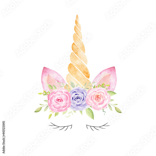Obraz na płótnie Unicorn head fantasy watercolor clipart. Hand drawn illustration. w salonie