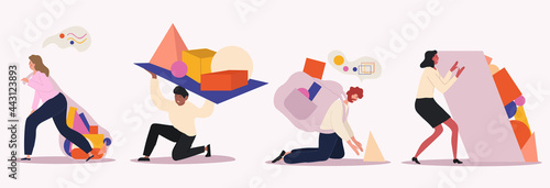Sad, tired, exhausted people overloaded with tasks