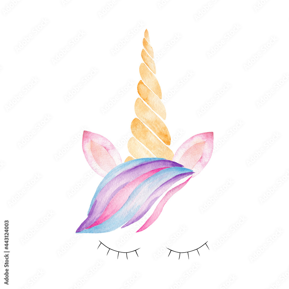 Unicorn head with rainbow mane, lashes, ears, corn watercolor clipart. Hand painted illustration.