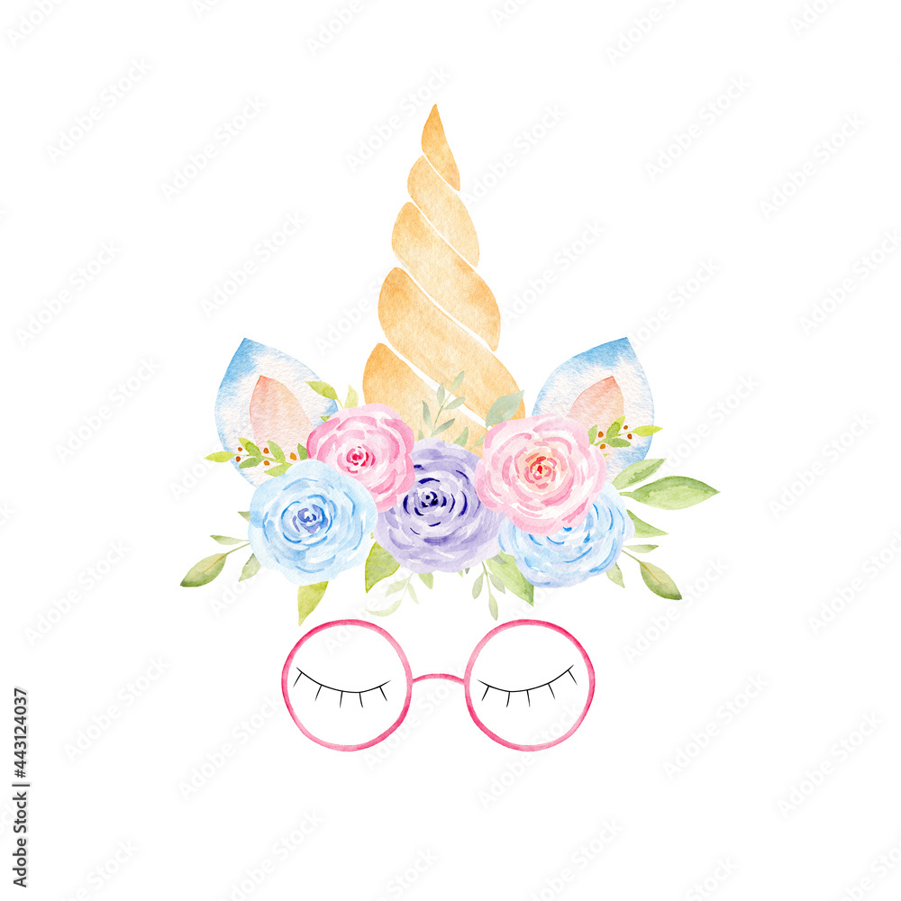 Watercolor unicorn head. Hand painted clipart. Fantasy graphics.
