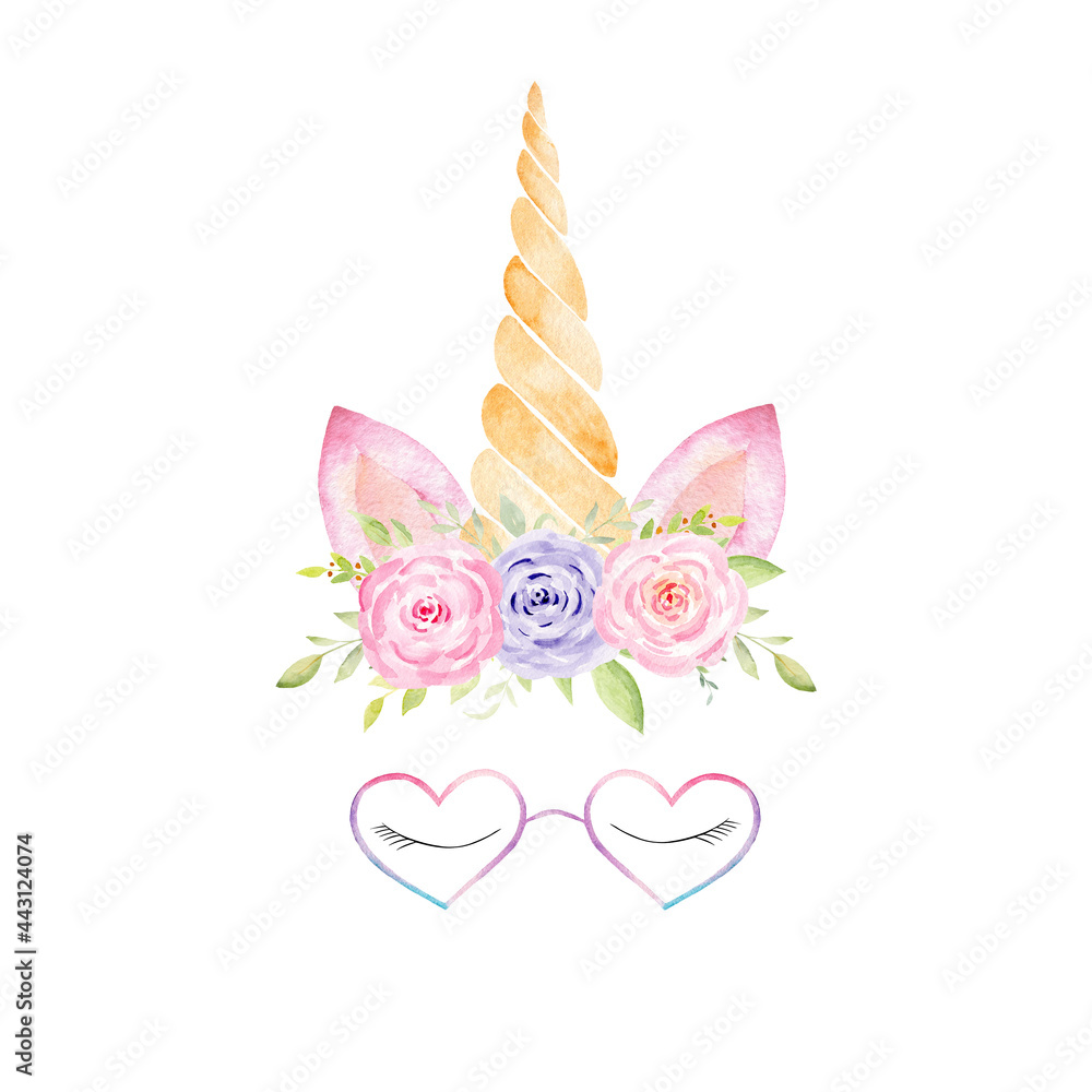 Unicorn head with rainbow mane, lashes, corn, glasses, flowers watercolor clipart. Hand painted illustration.