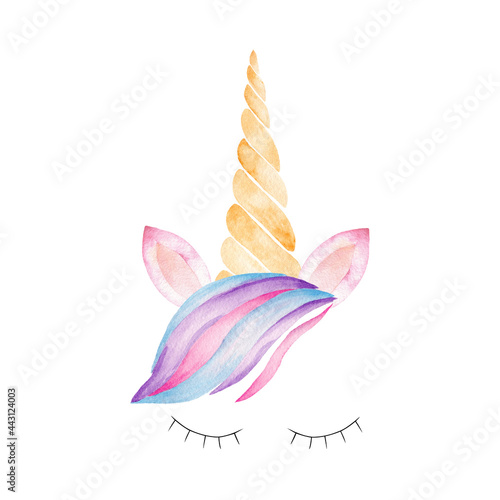 Obraz na płótnie Unicorn head with rainbow mane, lashes, ears, corn watercolor clipart. Hand painted illustration. w salonie