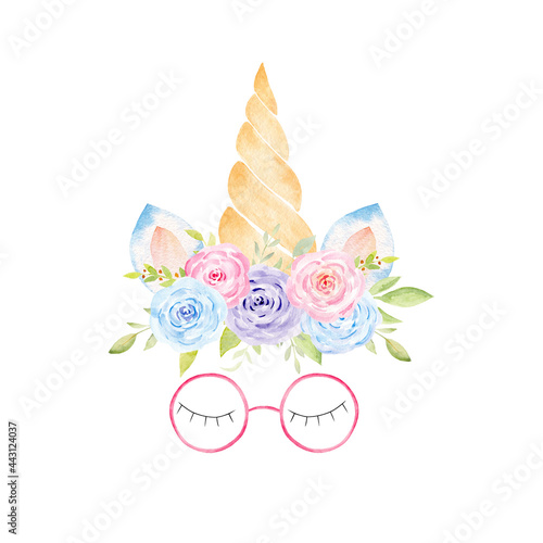 Obraz na płótnie Watercolor unicorn head. Hand painted clipart. Fantasy graphics. w salonie