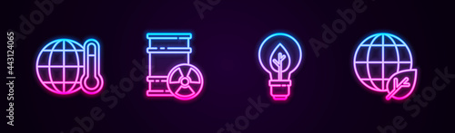 Set line Global warming, Radioactive waste barrel, Light bulb with leaf and Earth globe and. Glowing neon icon. Vector