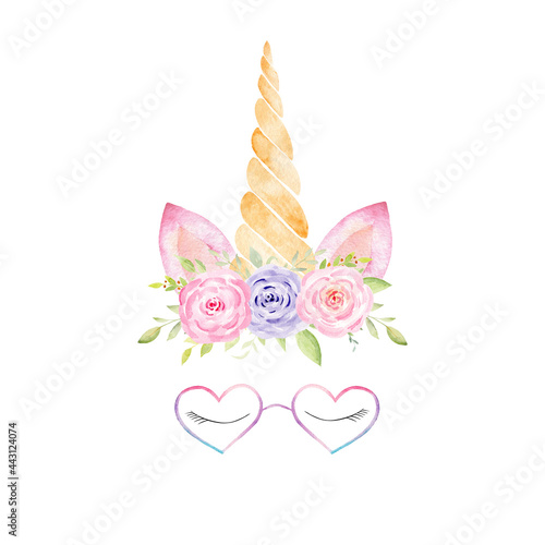 Obraz na płótnie Unicorn head with rainbow mane, lashes, corn, glasses, flowers watercolor clipart. Hand painted illustration. w salonie