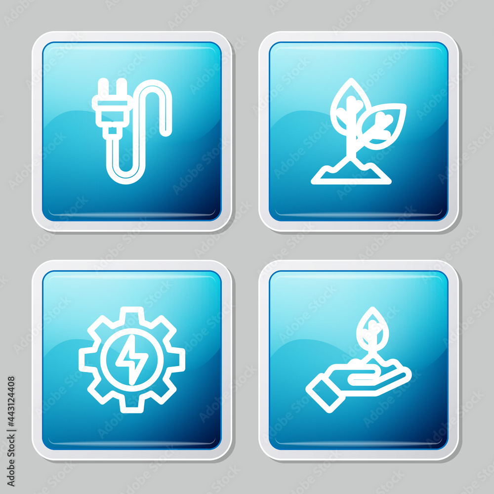 Set line Electric plug, Plant, Gear and lightning and hand icon. Vector Set line Electric plug, Plant, Gear and lightning and hand icon. Vector