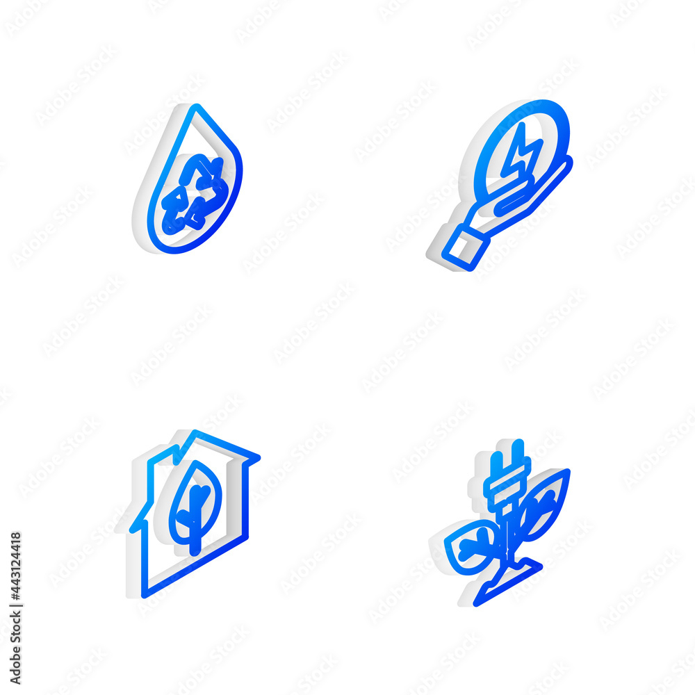 Set Isometric line Lightning bolt, Recycle clean aqua, Eco friendly house and Electric saving plug leaf icon. Vector
