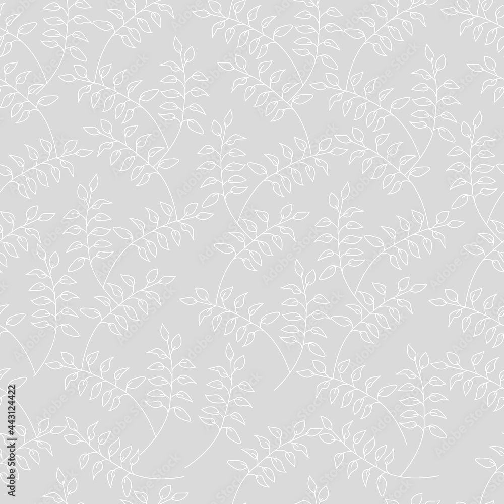 Plakat Seamless white floral background with leaves. A branch of a plant for festive decor and design. White pattern, print for textiles, fabrics, linen and clothes for children. Vector illustration