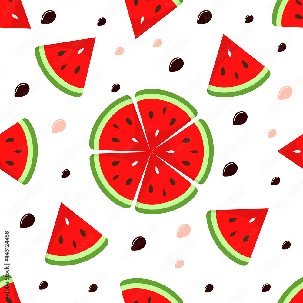 Pattern from watermelon is seamless. Juicy and sweet slices of watermelon are a symbol of a bright summer. For the design of fabric, wrapping paper, packaging, postcards, wallpaper. Vector, isolated. Pattern from watermelon is seamless. Juicy and sweet slices of watermelon are a symbol of a bright summer. For the design of fabric, wrapping paper, packaging, postcards, wallpaper. Vector, isolated.