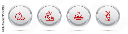 Set line Orange fruit, Bullfight, matador, Olives on plate and Windmill. Silver circle button. Vector