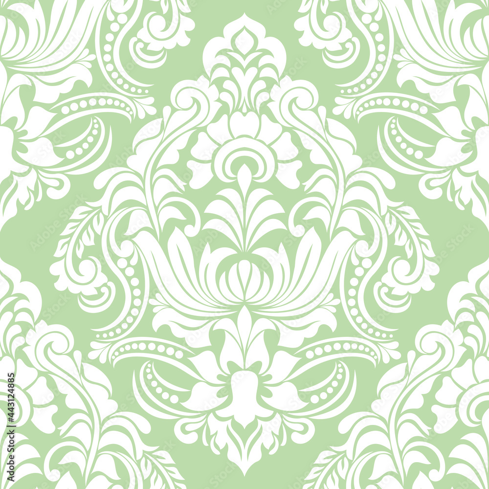 Damask seamless vector background. Wallpaper in the baroque style template. Green and white floral element. Graphic ornate pattern for wallpaper, fabric, packaging, wrapping. Damask flower ornament. Damask seamless vector background. Wallpaper in the baroque style template. Green and white floral element. Graphic ornate pattern for wallpaper, fabric, packaging, wrapping. Damask flower ornament.