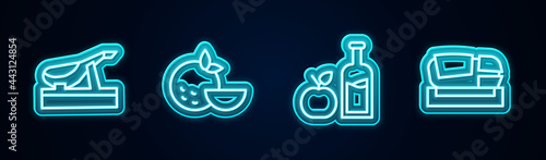 Set line Spanish jamon, Orange fruit, Apple cider bottle and Stadium Mestalla. Glowing neon icon. Vector