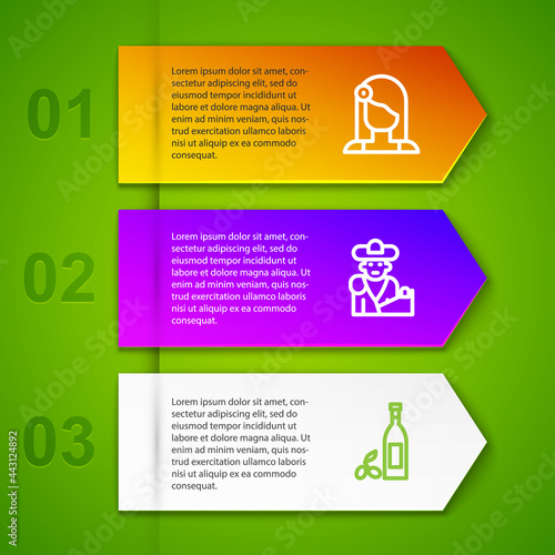 Set line Spanish woman, Bullfight, matador, Bottle of olive oil and Churros and chocolate. Business infographic template. Vector
