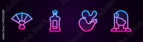 Set line Fan flamenco, Orujo, Spanish wineskin and woman. Glowing neon icon. Vector