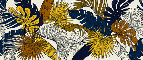 Luxury gold floral line art wallpaper vector. Exotic botanical background, Tropical leaf and gold style for textiles, wall art, fabric, wedding invitation, cover design.