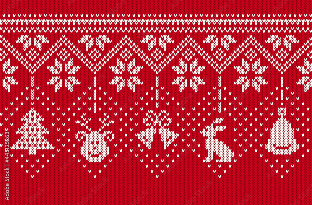Knit seamless border. Christmas background. Xmas knitted texture. Red frame with deer, tree, hare and bell. Festive pattern. Holiday fair isle traditional print. Vector illustration. Knit seamless border. Christmas background. Xmas knitted texture. Red frame with deer, tree, hare and bell. Festive pattern. Holiday fair isle traditional print. Vector illustration.