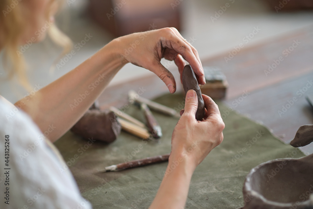 Obraz premium Potter female kneads a piece of clay with her hands in her Studio workshop. Pottery made of clay with their own hands.