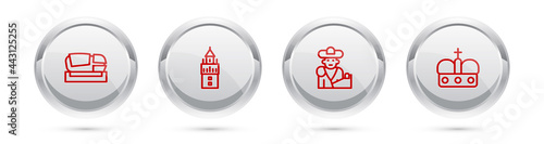 Set line Stadium Mestalla, Giralda, Bullfight, matador and Crown of spain. Silver circle button. Vector