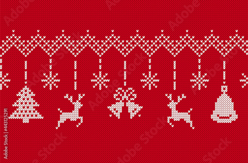 Christmas knit background. Red border with reindeer, tree, snowflake and bell. Knitted seamless texture. Xmas festive pattern. Holiday fair isle traditional print. Vector illustration.