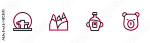 Set line Montreal Biosphere, Maple syrup, Mountains and Bear head icon. Vector