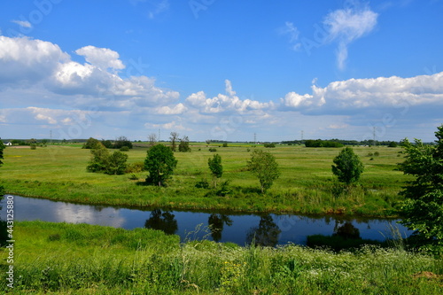 A view of a shallow yet vast river or lake flowing through vast fields, meadows, or pasturelands covered with grass, crops, herbs, and trees seen on a cloudy summer day on a Polish countryside