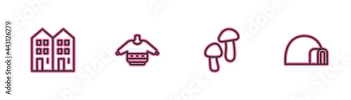 Set line House, Mushroom, Christmas sweater and Igloo ice house icon. Vector