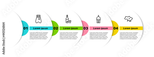 Set line Cossack pants, Vodka with pepper and glass, Church tower and Map of Ukraine. Business infographic template. Vector