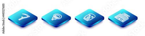 Set Isometric line Scythe, Dumplings on fork, Thief mask and Hotel Ukraina building icon. Vector