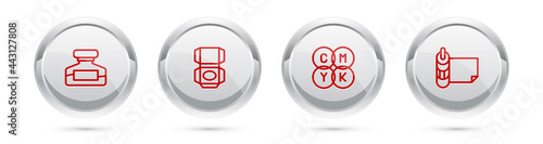 Set line Ink bottle, Carton cardboard box, CMYK color mixing and Roll of paper. Silver circle button. Vector