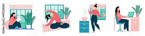 Set of concepts - stay at home during a pandemic. A young girl reads a book, practices yoga at home, works remotely and prepares food at home. Flat image isolated on white background. 
