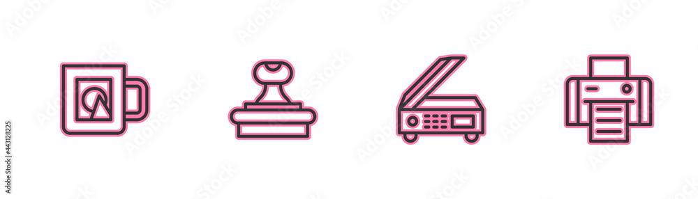 Set line Coffee cup, Scanner, Stamp and Printer icon. Vector Set line Coffee cup, Scanner, Stamp and Printer icon. Vector