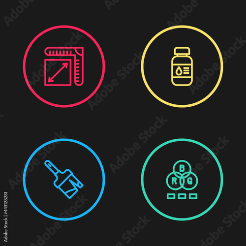 Set line Paint brush, RGB color mixing, Printer ink bottle and Paper size icon. Vector