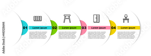 Set line Chest of drawers, Chair, Wardrobe and Table lamp on table. Business infographic template. Vector
