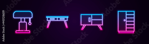 Set line Table lamp, Office desk, Chest of drawers and Wardrobe. Glowing neon icon. Vector