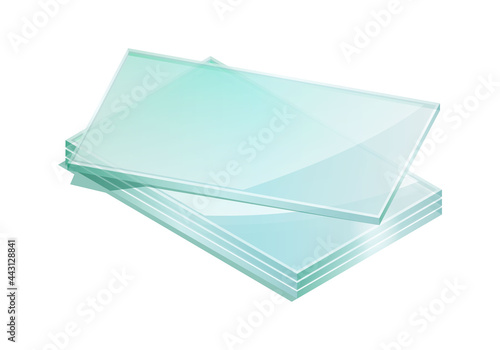 Vector illustration sheets of tempered glass isolated on white background. Realistic stack of glass sheets icon in flat cartoon style. Isometric illustration shiny plates of industrial tempered glass.