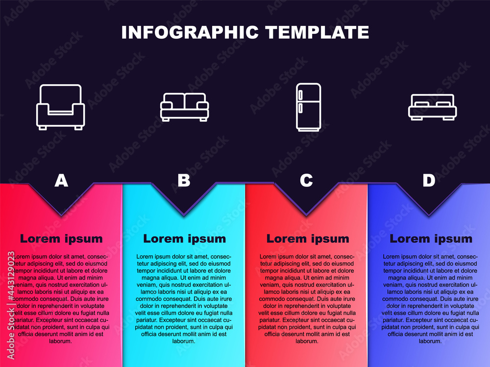Set line Armchair, Sofa, Refrigerator and Big bed. Business infographic template. Vector Set line Armchair, Sofa, Refrigerator and Big bed. Business infographic template. Vector