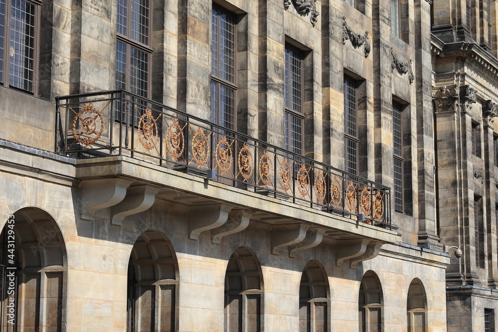 Amsterdam Royal Palace Facade Detail with Balcony at Dam Square