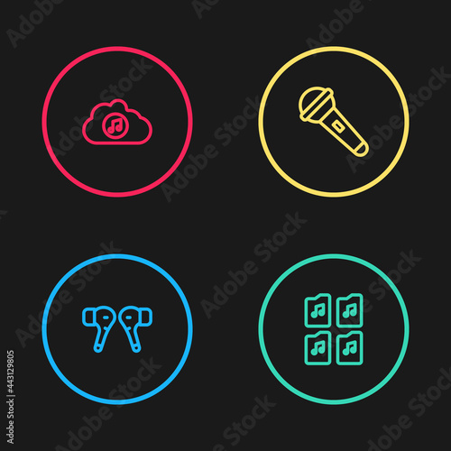 Set line Air headphones, Music file document, Microphone and streaming service icon. Vector