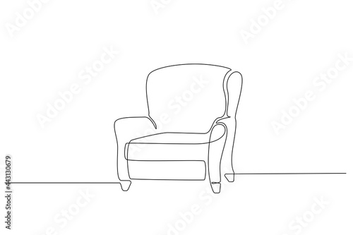 One continuous line drawing of vintage armchair. Modern scandinavian furniture in simple linear style. Editable stroke Vector illustration