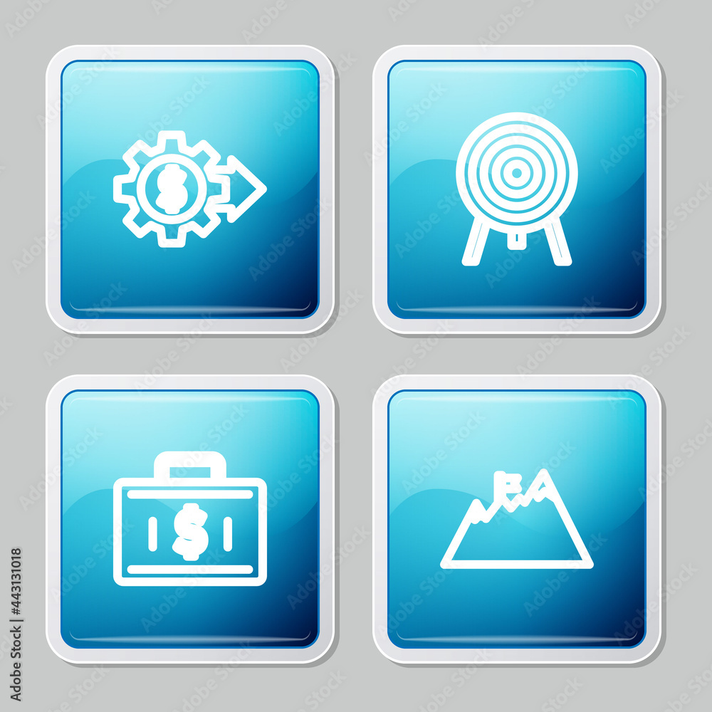 Set line Gear with dollar, Target, Briefcase and money and Mountains flag icon. Vector Set line Gear with dollar, Target, Briefcase and money and Mountains flag icon. Vector