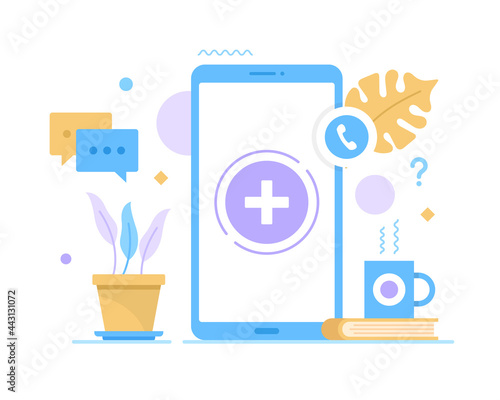 Health app, online doctor. Vector illustration. Mobile phone with medical app on screen. Medical consultation, mobile healthcare, call doctor, online medicine concepts