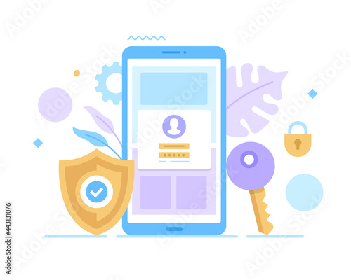 Sign in with your phone. Login form on mobile phone screen, shield with check mark, lock and key. Enter password, website registration, authorization concepts
