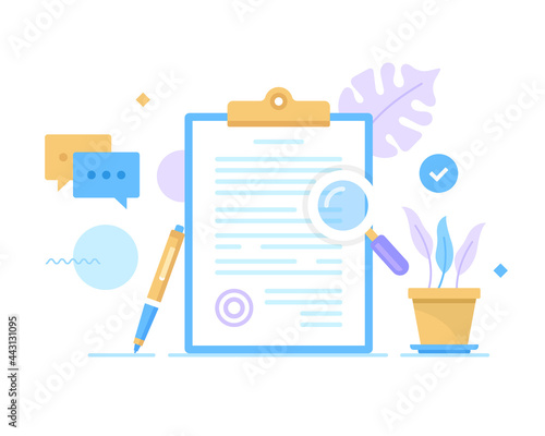 Sign contract. Vector illustration. Clipboard with document, stamp, pen and magnifying glass. Treaty, e-signing, application form, agreement, signing document concepts