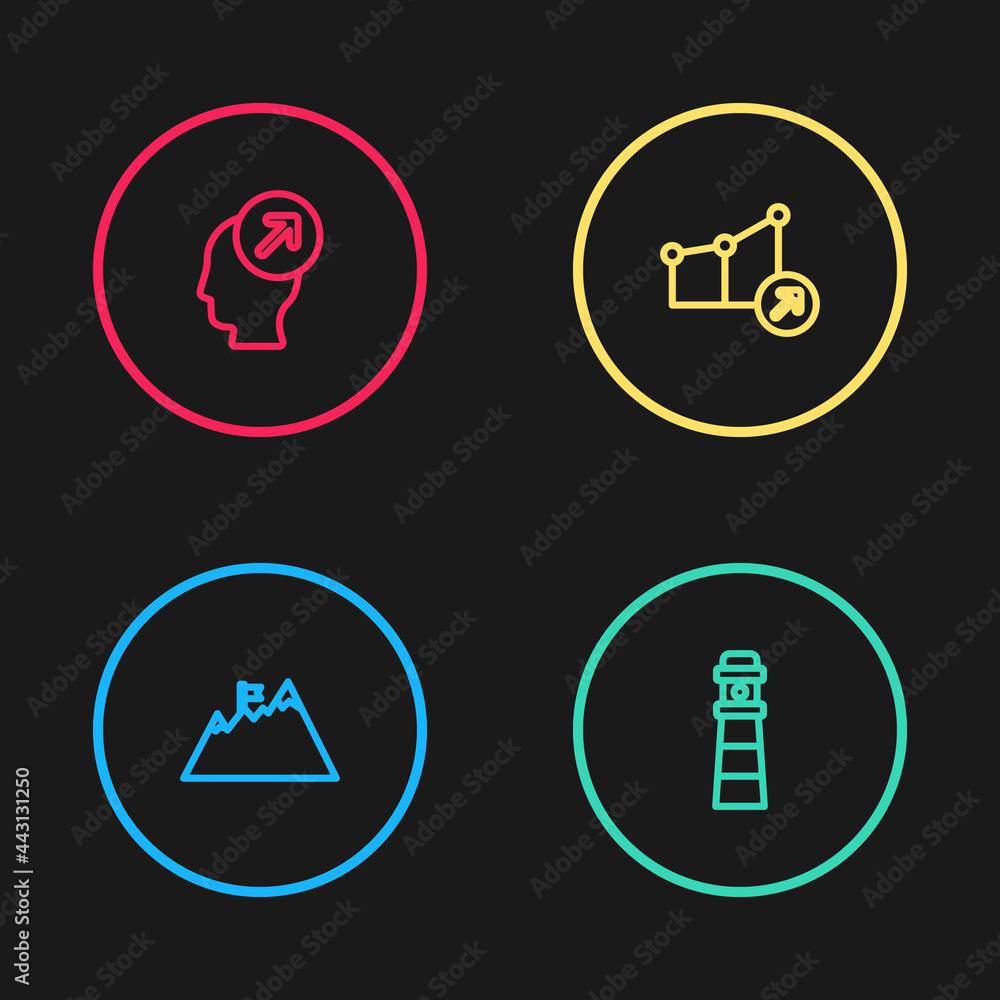 Set line Mountains with flag, Lighthouse, Financial growth and Head hunting concept icon. Vector Set line Mountains with flag, Lighthouse, Financial growth and Head hunting concept icon. Vector