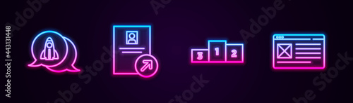 Set line Startup project concept, Job promotion, Business podium and Browser window. Glowing neon icon. Vector