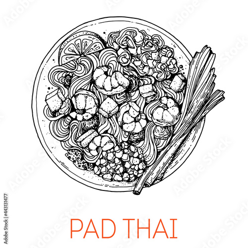 Pad thai noodles, thai food. Hand drawn vector illustration. Sketch style. Top view. Vintage vector illustration.