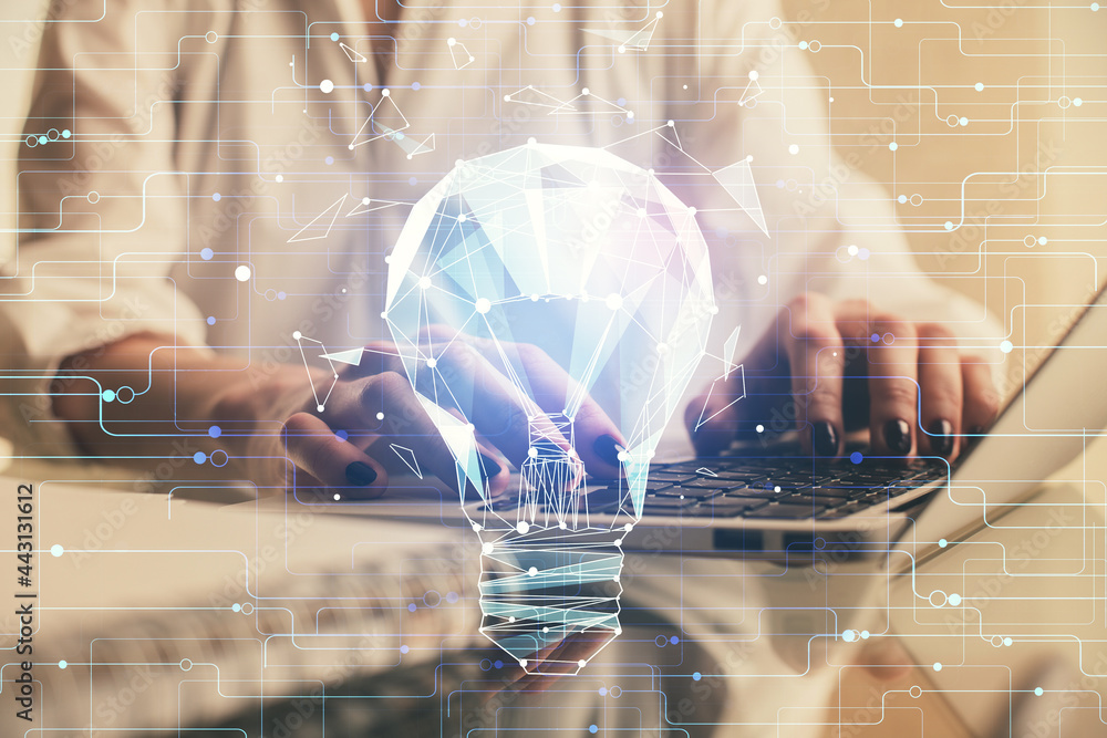 Double exposure of woman hands typing on computer and light bulb drawing. Idea concept. Double exposure of woman hands typing on computer and light bulb drawing. Idea concept.
