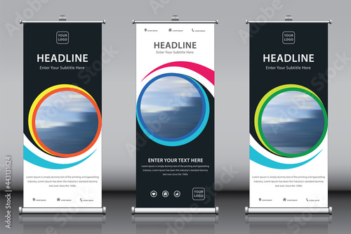 Roll up vertical stand banner design collection with pink green blue yellow orange colorful artwork and image. Editable template vector set, modern standee and flag banner. 3 in 1